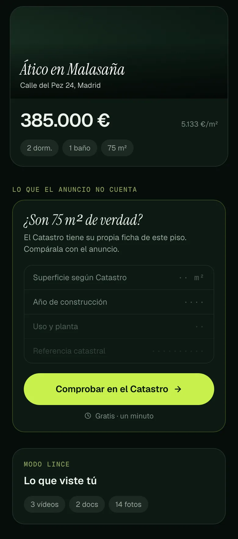 Pantalla de Linceas comparando los metros del anuncio con la ficha del Catastro